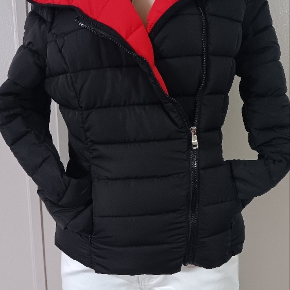 Black Puffer Jacket with Red Lining